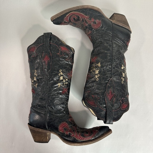 Corral Vintage Black Leather Lizard Inlay Cowboy C2115 Boots Womens Size 7.5 - Picture 2 of 16
